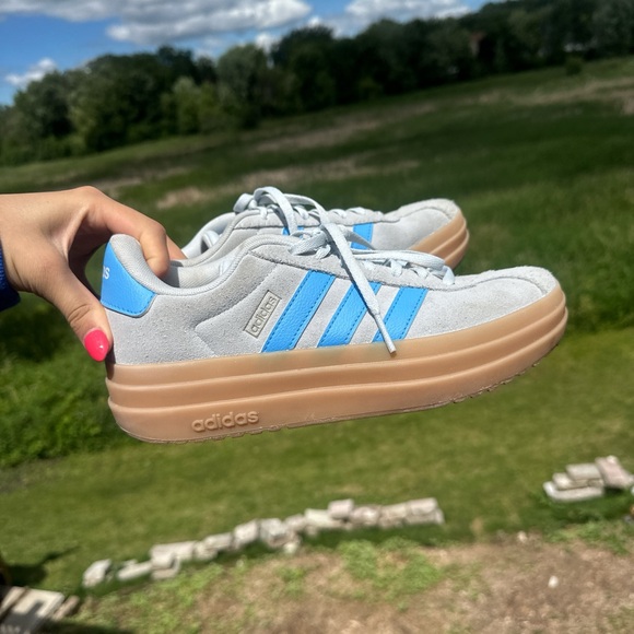adidas Shoes - Adidas Women’s Suede Platform Sneakers - Light Gray with Blue Stripes